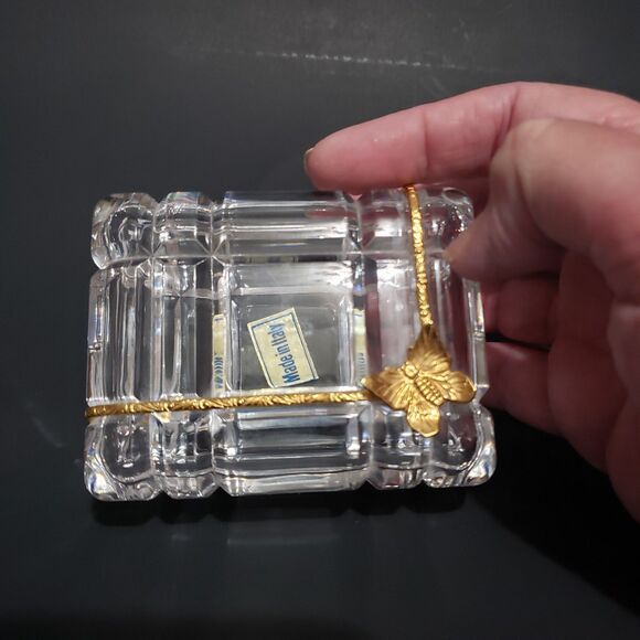 Royal Crystal Rock Clear Lead Trinket Box Gold Tone Butterfly Italy 3.5"×2.5" - Picture 4 of 12